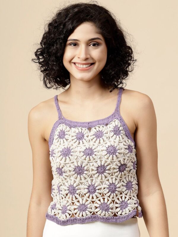 Self Design Shoulder Straps Cotton Crochet Crop Top
