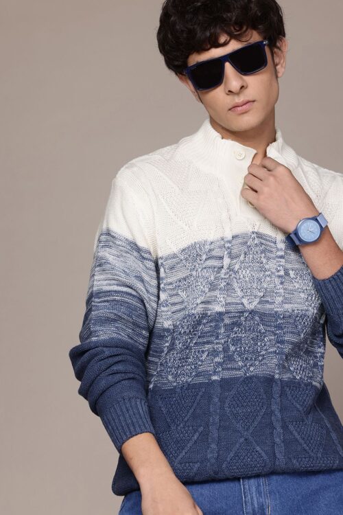 Men Cable Knit Colourblocked Pullover
