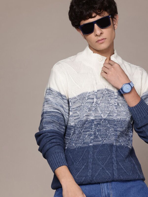 Men Cable Knit Colourblocked Pullover