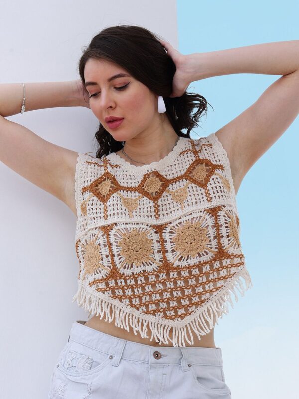 Self Design Fringed Crochet Cotton Top - Image 2