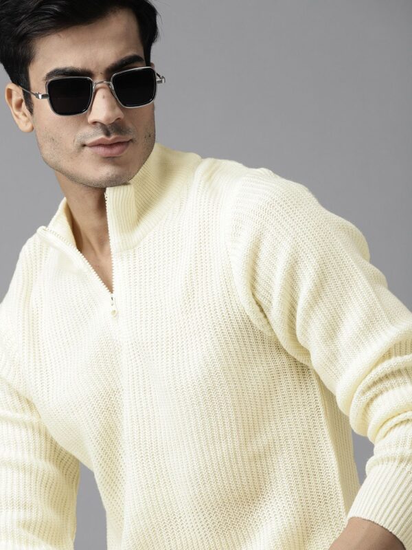 Men Cream-Coloured Self-Striped Pullover