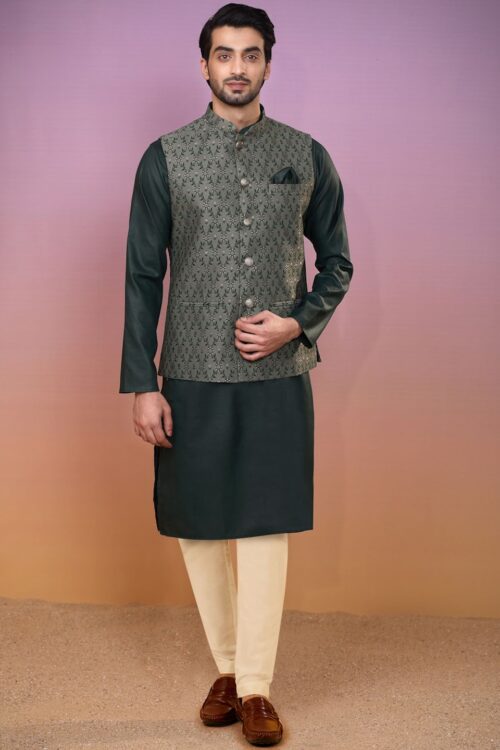 Mandarin Collar Kurta with Trousers And Nehru Jacket