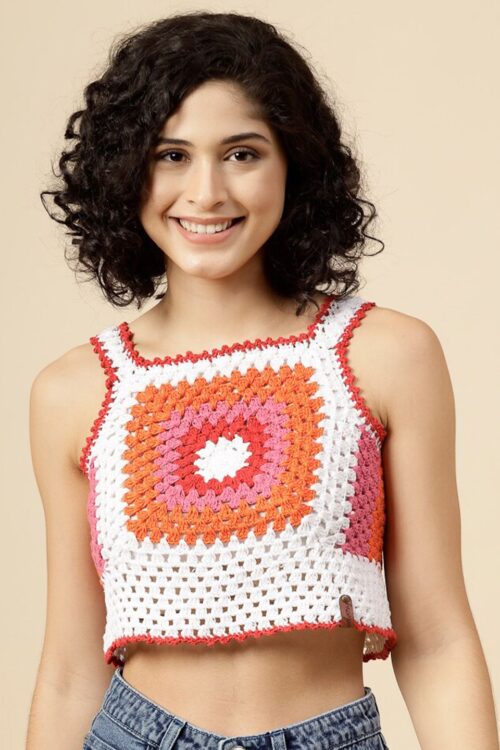 Shoulder Straps Sleeveless Floral Print Cotton Crochet Crop Top