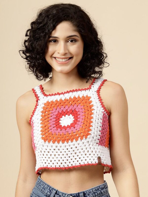 Shoulder Straps Sleeveless Floral Print Cotton Crochet Crop Top