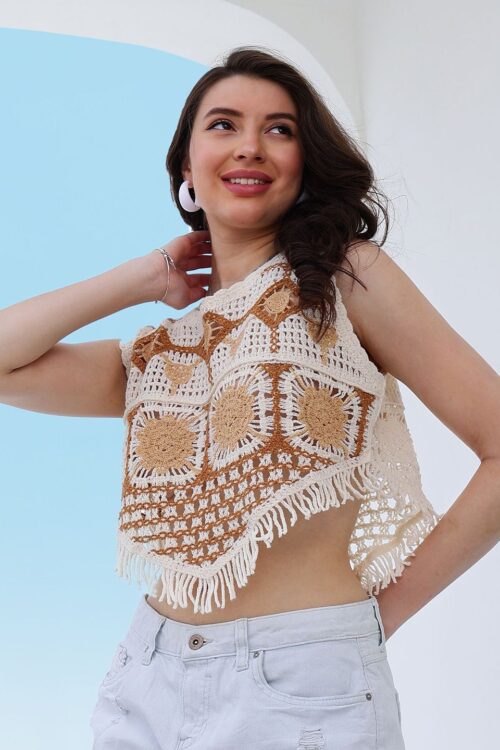 Self Design Fringed Crochet Cotton Top