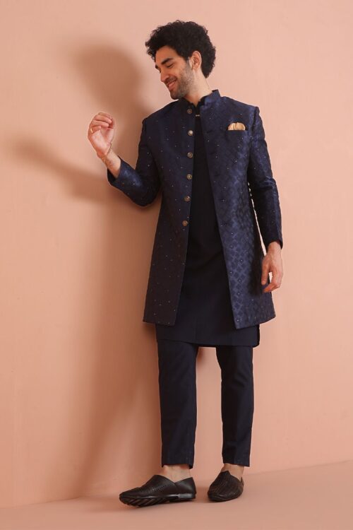 Men Self-Design Khari Print Kurta With Indowestern Sherwani & Trouser