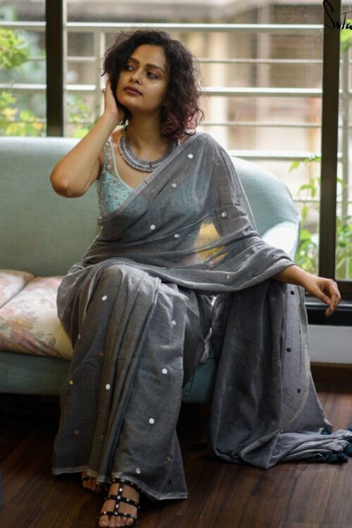 Grey Embellished Sequinned Pure Cotton Saree