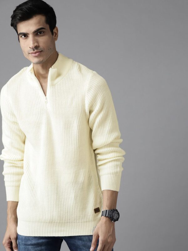 Men Cream-Coloured Self-Striped Pullover - Image 2