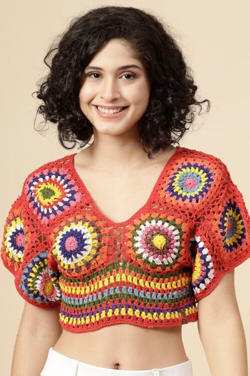 Floral Printed Puff Sleeve Cotton Crochet Styled Back Crop Top