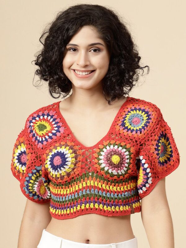 Floral Printed Puff Sleeve Cotton Crochet Styled Back Crop Top