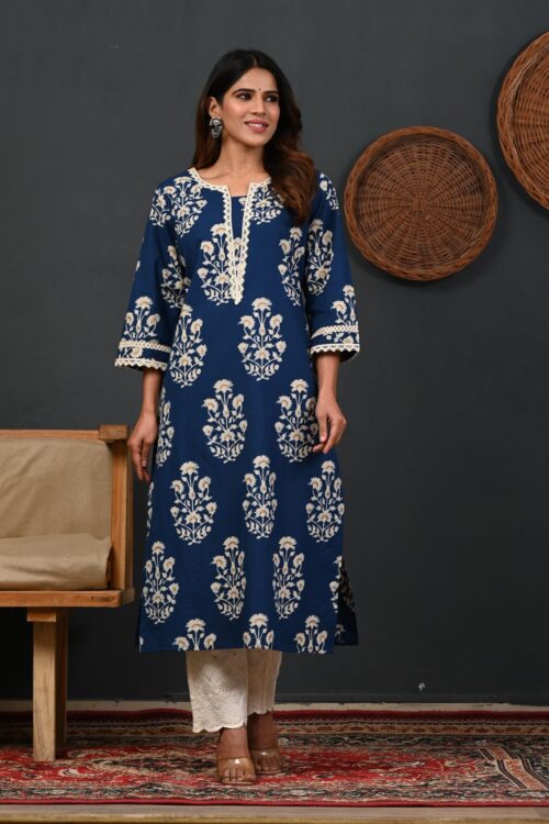 Floral Printed Notch-Neck Straight Kurta