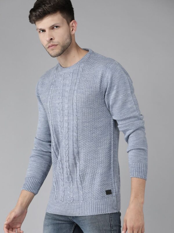Men Blue Self Design Pullover - Image 2
