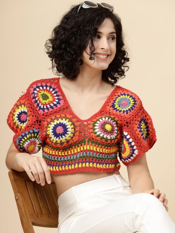 Floral Printed Puff Sleeve Cotton Crochet Styled Back Crop Top - Image 3