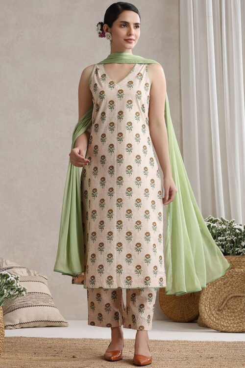 Floral Printed V-Neck Pure Cotton Kurta With Palazzos And Dupatta