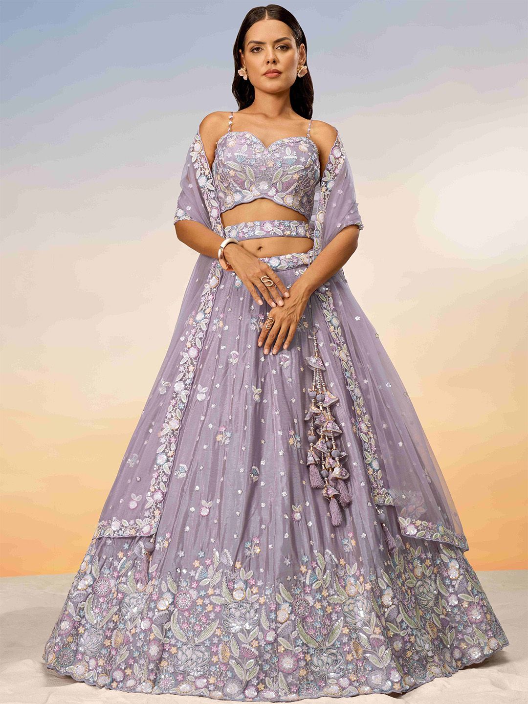 5c1b6cd0-4f76-4ca2-9094-1fb2679111fd1718264188809panchhiEmbroideredSequinnedSemi-StitchedLehengaUnstitchedBlo1.jpg Embroidered Sequinned Semi-Stitched Lehenga & Unstitched Blouse With Dupatta - Image 1