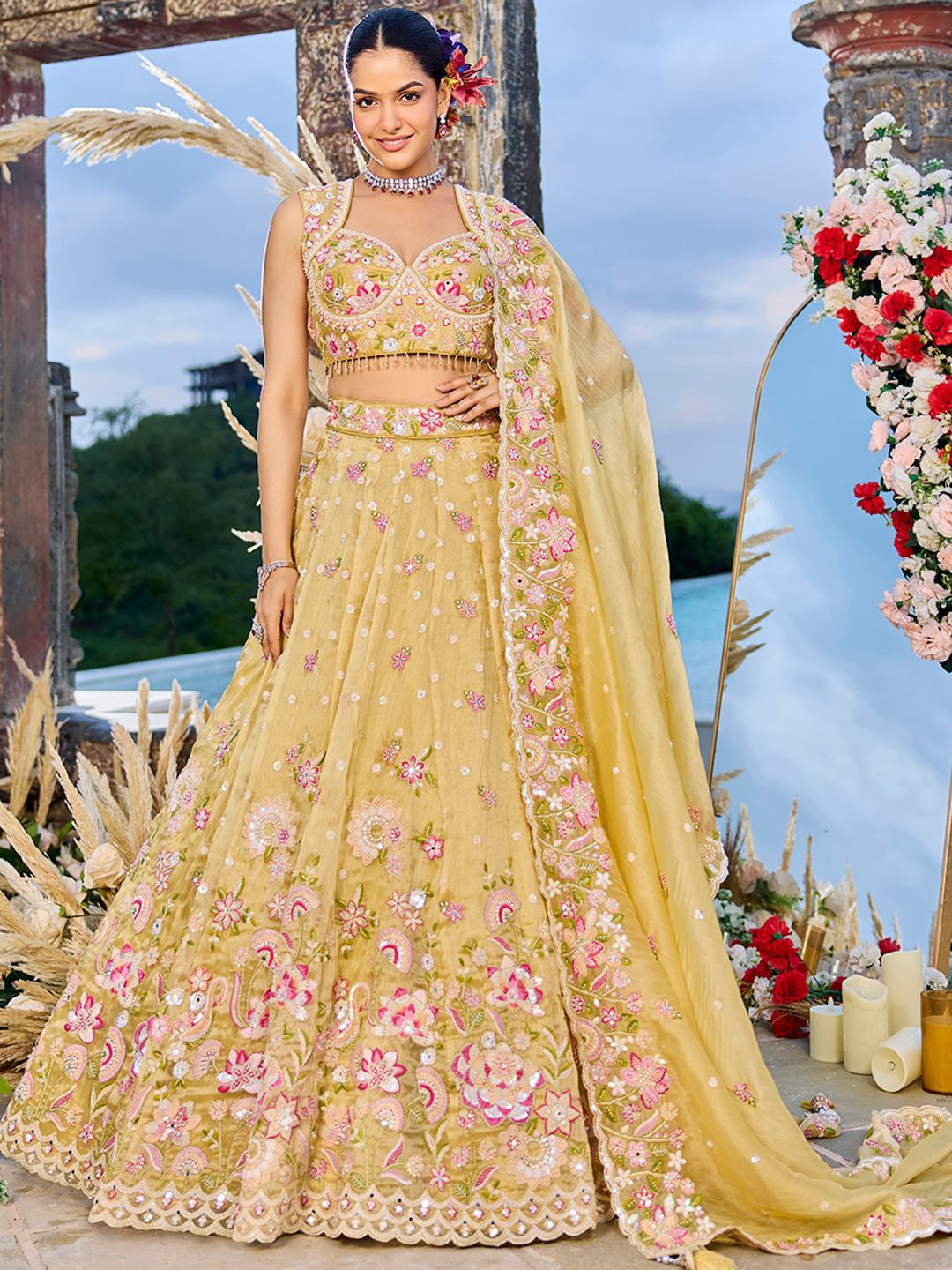 6QP7s940_2cd353bd64804d4cbe4b7b3fe9b582b6.jpg Yellow Embroidered Tissue Sequinned Ready To Wear Lehenga & Blouse With Dupatta - Image 1