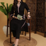 Embroidered Calf Length V-Neck Three-Quarter Sleeve Straight Kurta